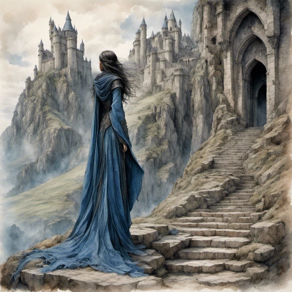 Woman Gazing Over Pellenor Field in Ink Style