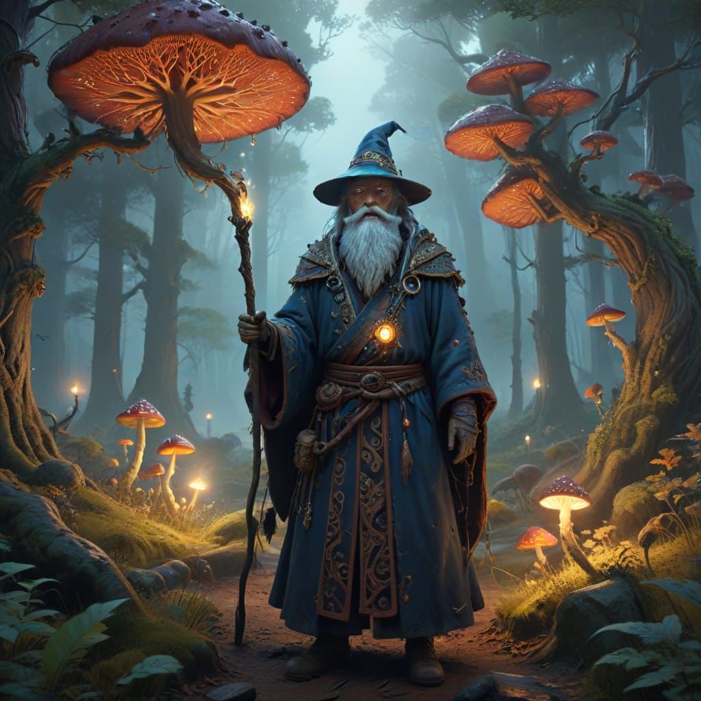 Mystical Fur-Covered Wizard in a Whimsical Forest Landscape