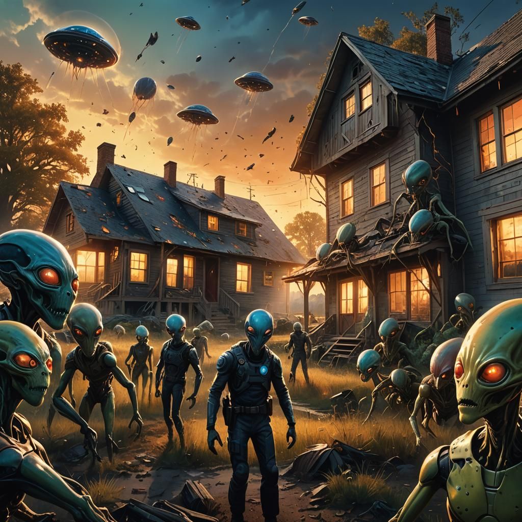 Farmhouse Under Alien Attack in Sci-Fi Art