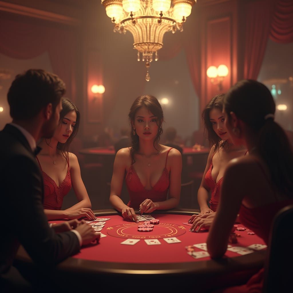 Elegant Models Play Poker in Smoky Casino