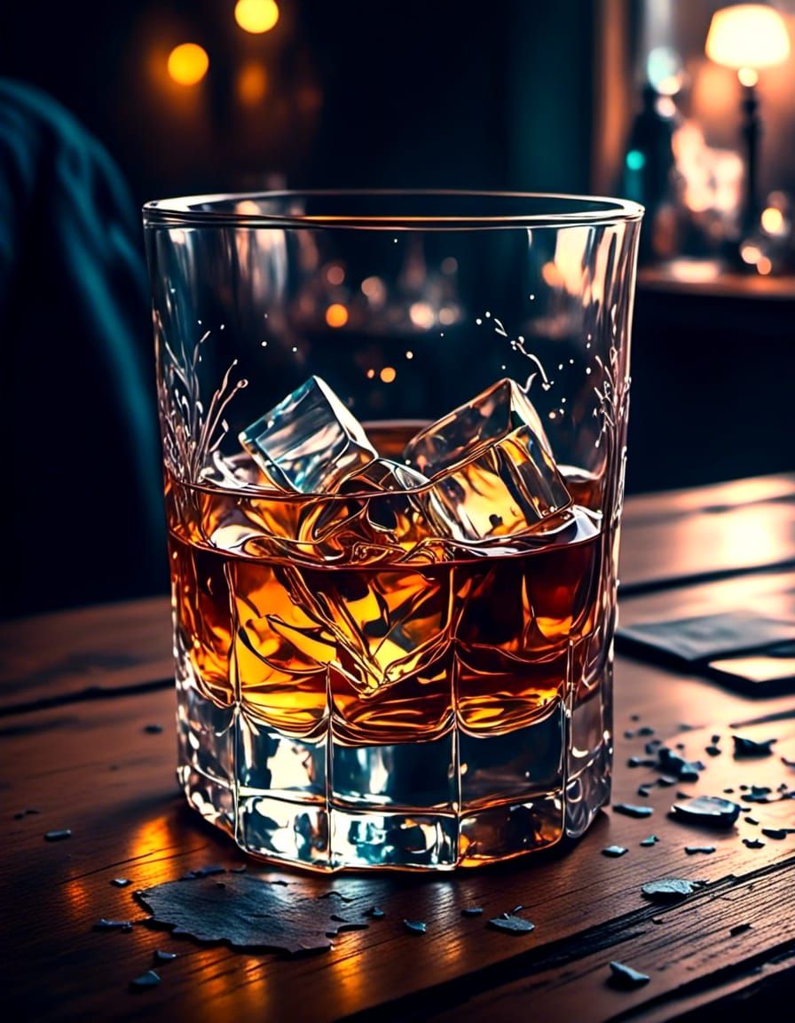 Whiskey Glass on Bar Table in Watercolor Style