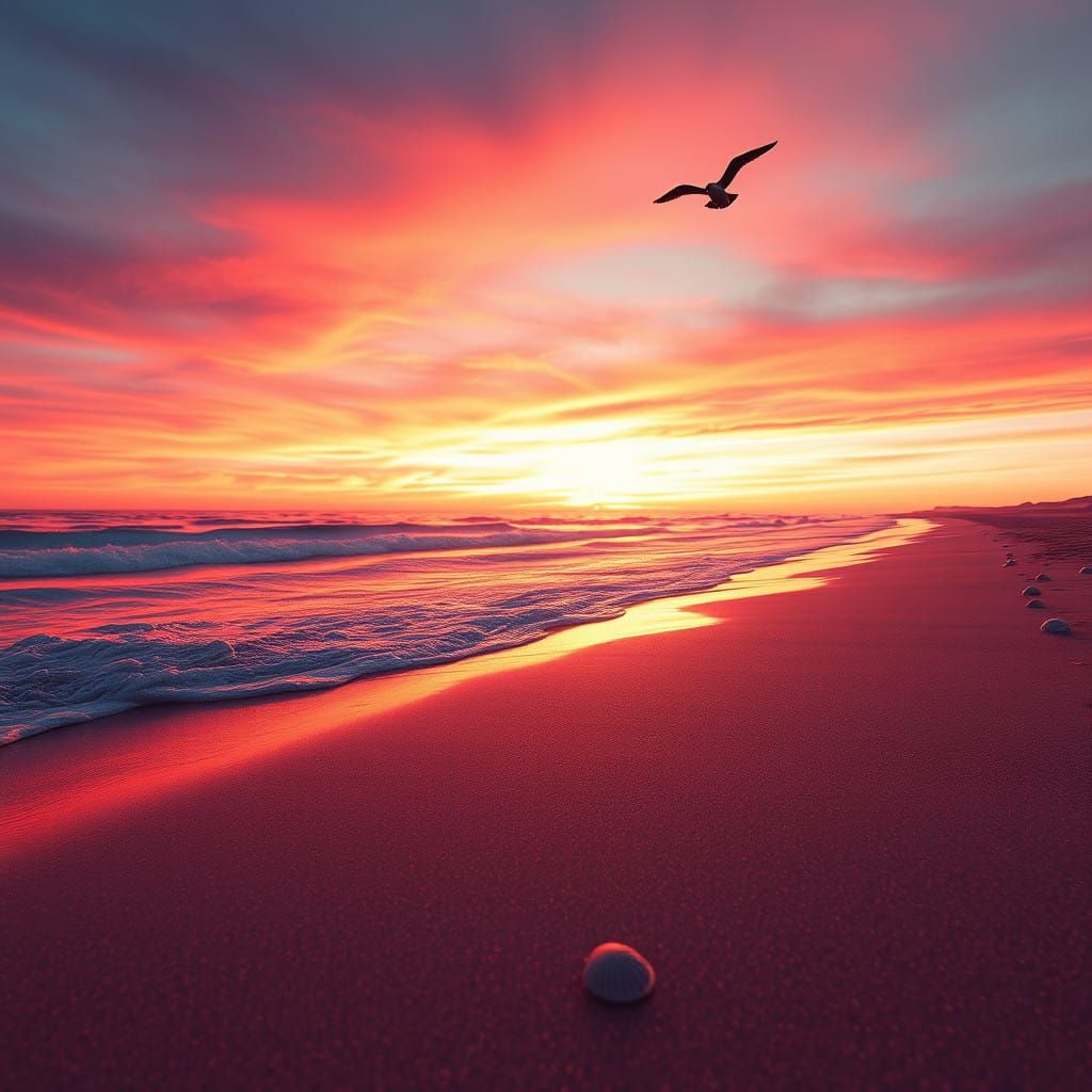 Golden Beach Sunset with Iridescent Sand and Seagull