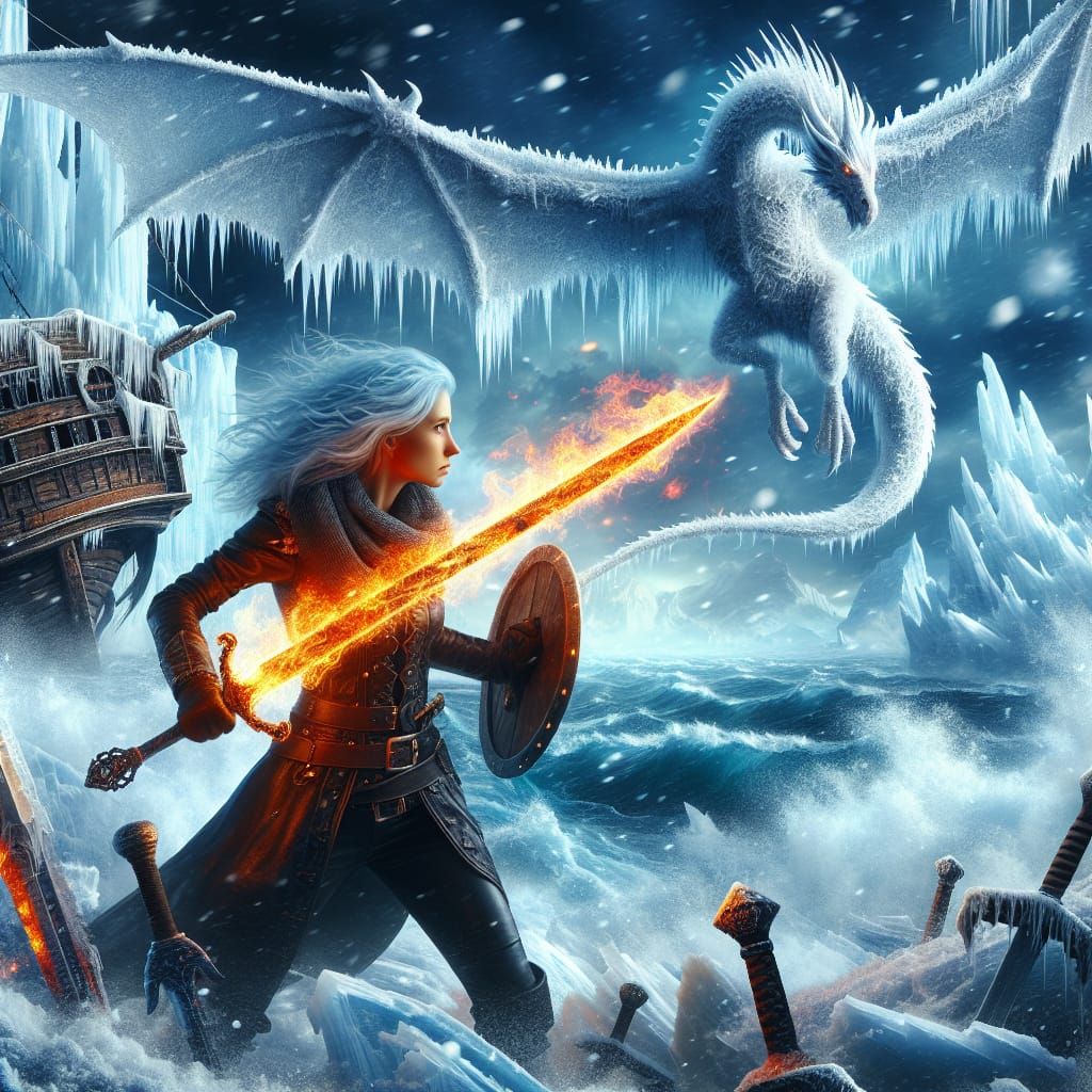 Fierce Pirate Battles Majestic Ice Dragon in a Winter Wonder...