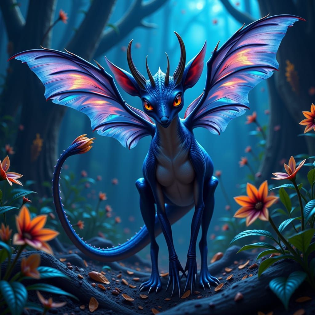 Fantastical Creature in Bioluminescent Forest