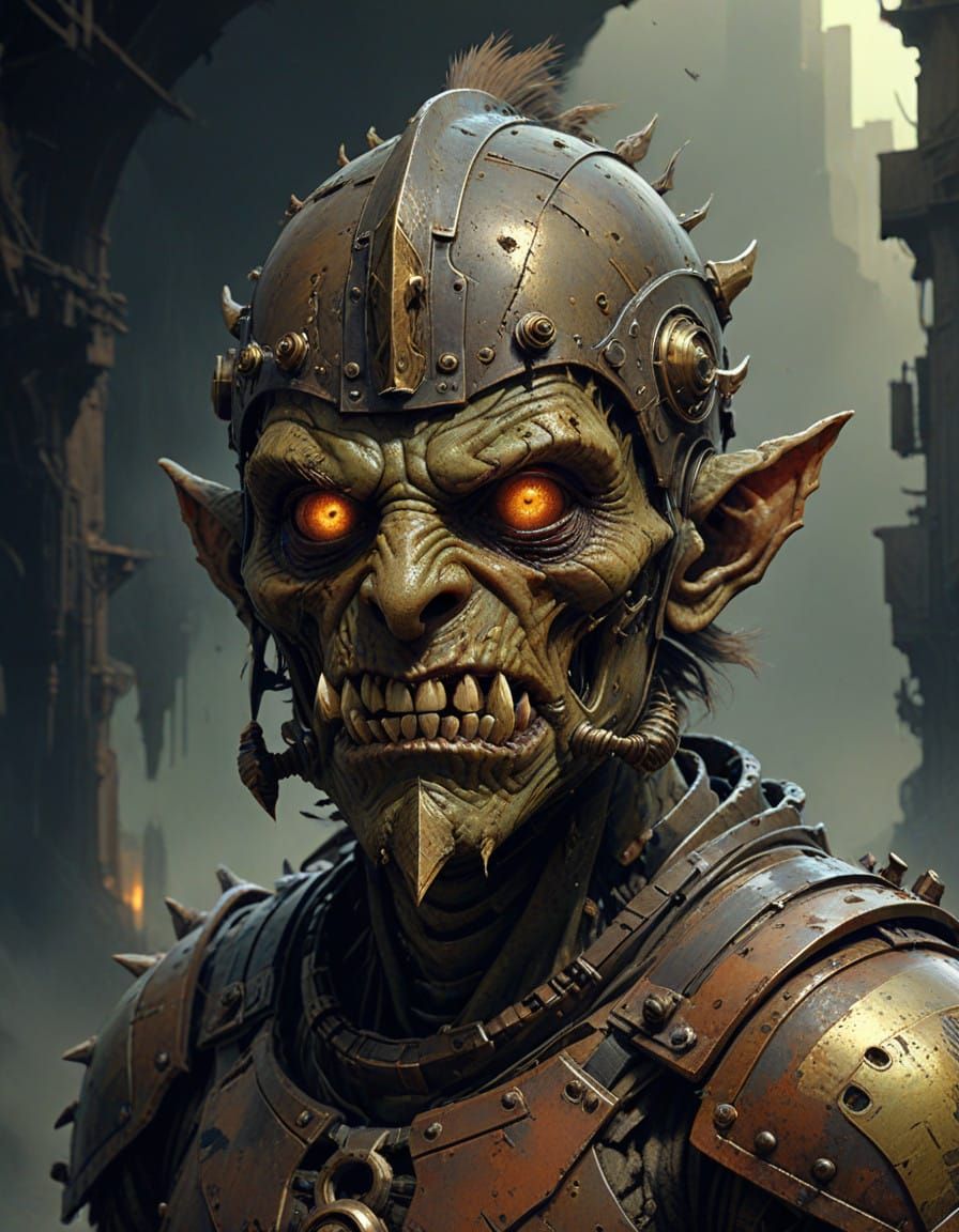 Dark Fantasy Goblin Wears Rusted Industrial Armor Helmet