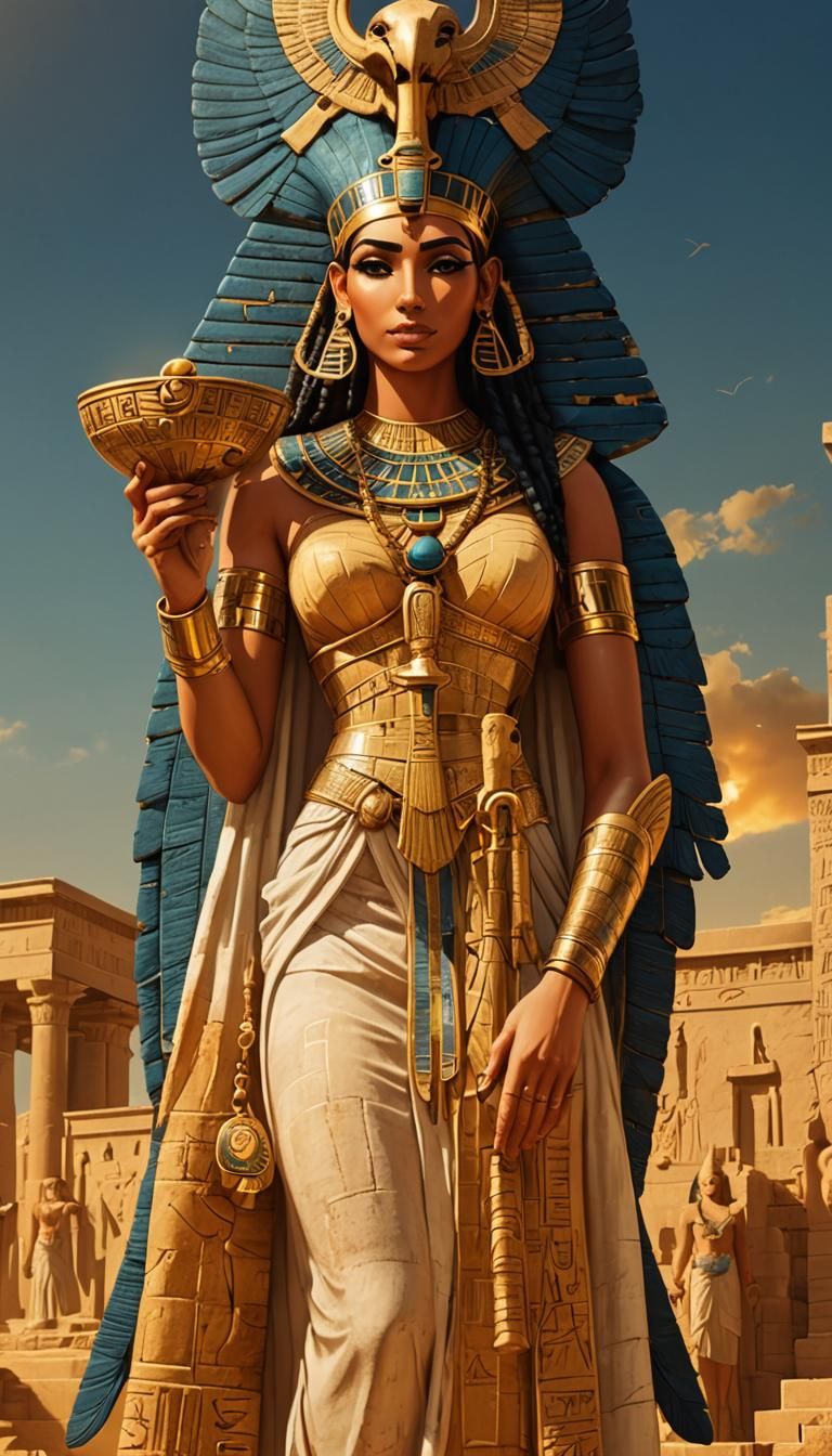 Isis in Temple with Ankh and Horus, Religious Art