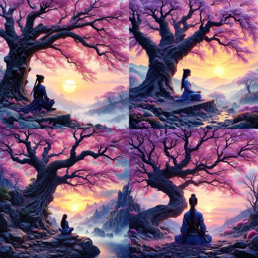 Female Samurai Meditating Under Cherry Blossom Tree