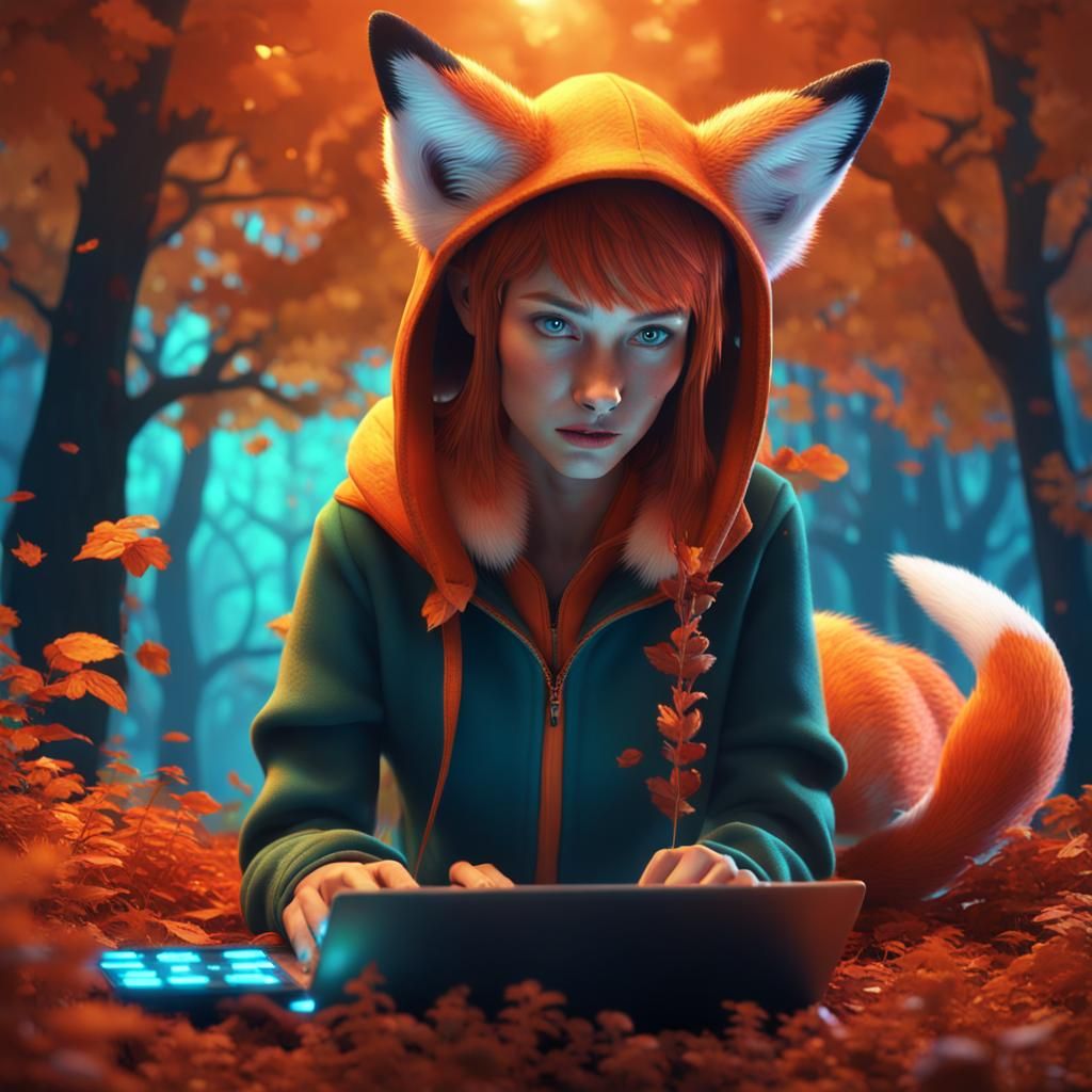 Girl Hacker and Nine-Tailed Fox in 3D Animation