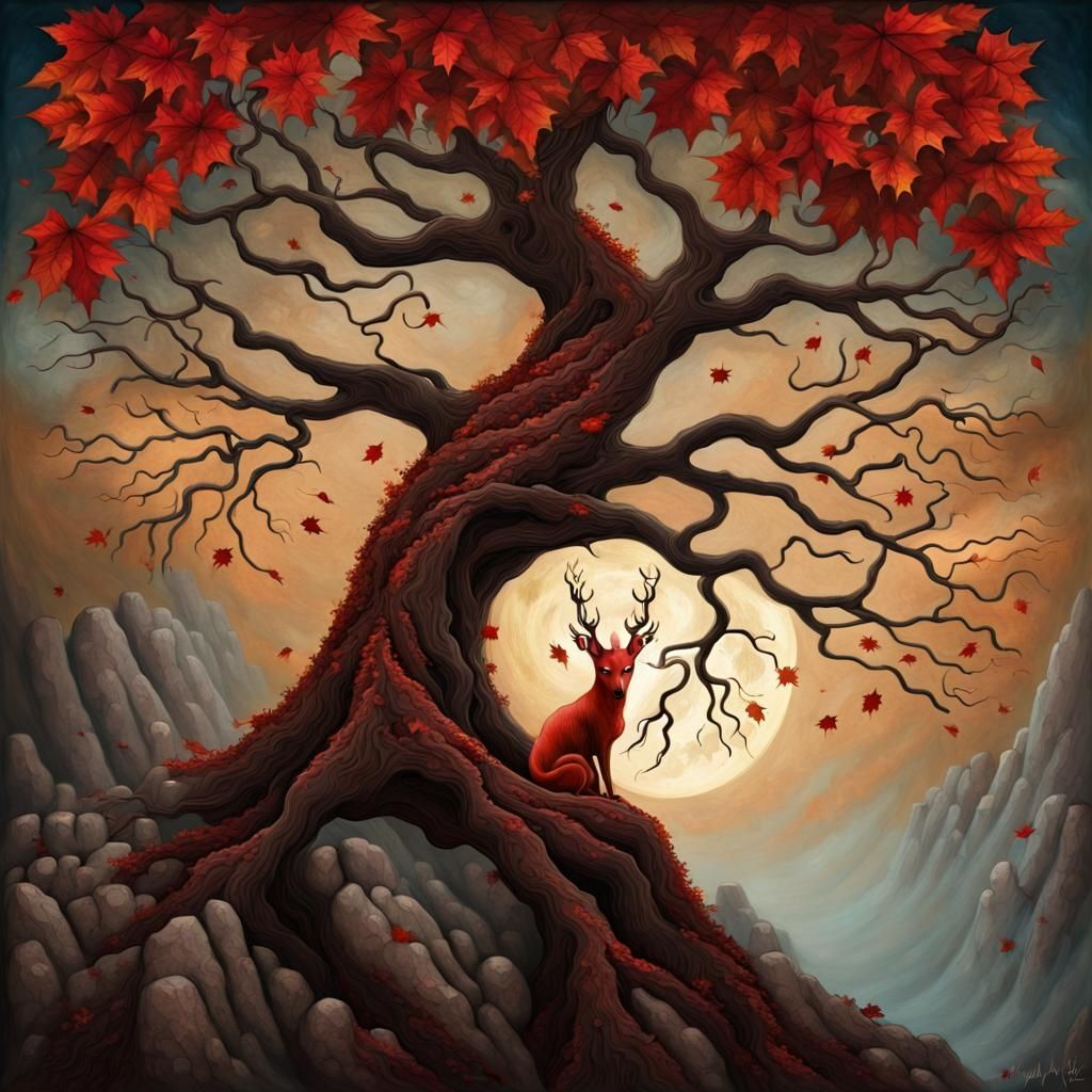 Mythical Creature in Autumn Tree, Surrealist Painting