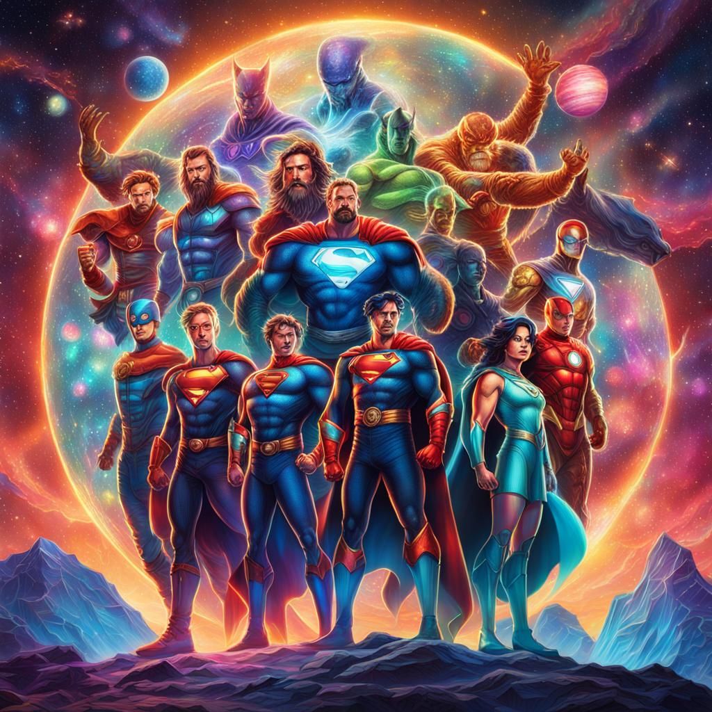 Cosmic Superheroes in Astral Holographic Illustration