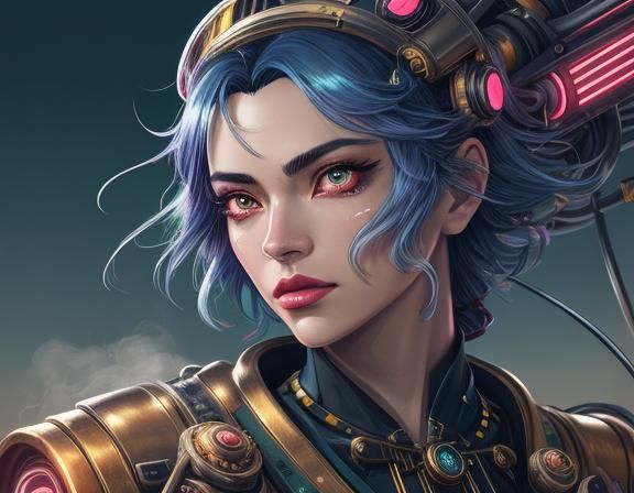 Atompunk manga art. Close-up portrait. Snow White, a large busted lady, wearing a sling hot bikini, women's socks, and h...