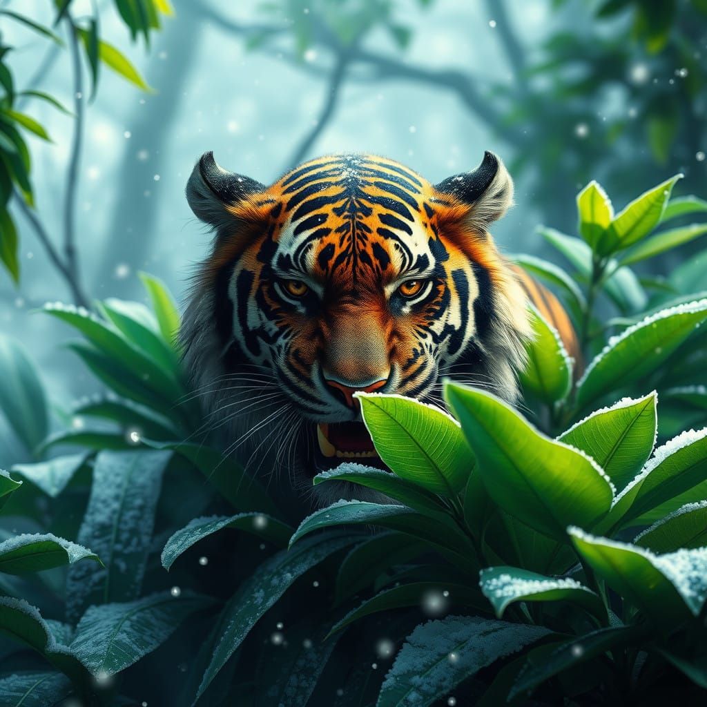 Majestic Tiger Emerges from Verdant Jungle into Winter Wonde...