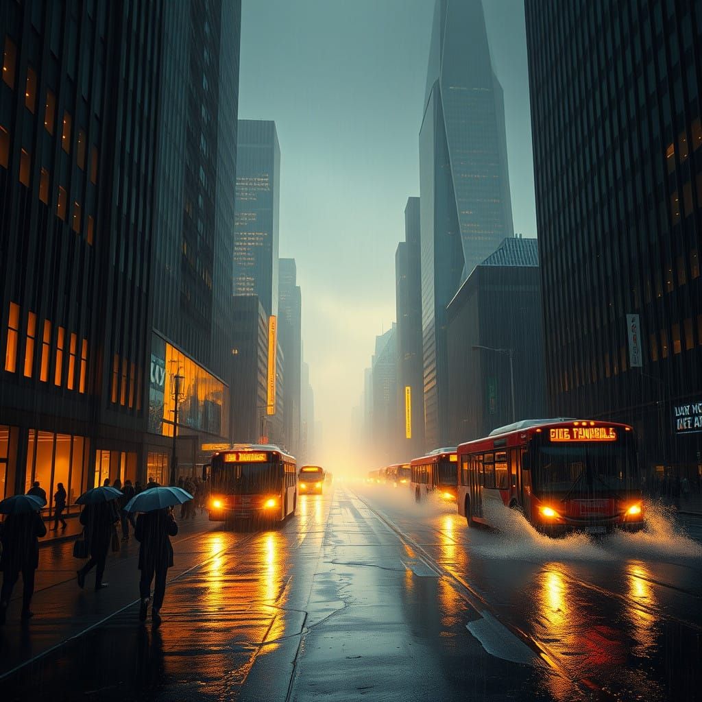 Cityscape at Dawn in Torrential Downpour