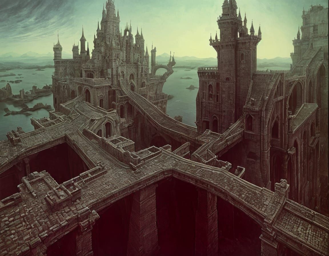 Surreal Castle with Moats in Dreamlike Style