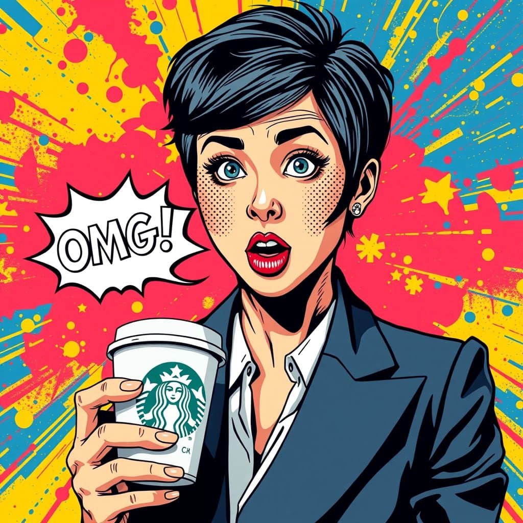 Pop Art Businesswoman Exclaims OMG in Glitchcore Style