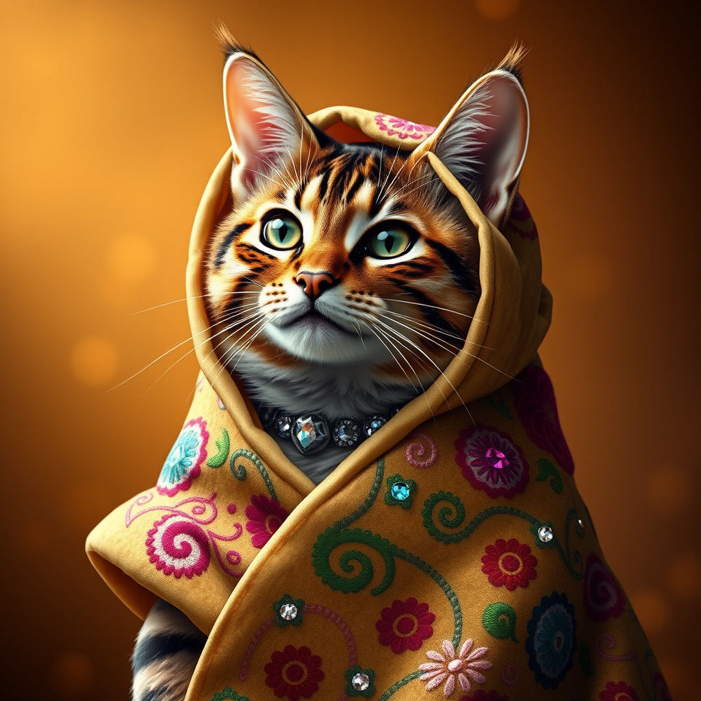 Bengal Cat in Burrito Costume: Matte Painting Style
