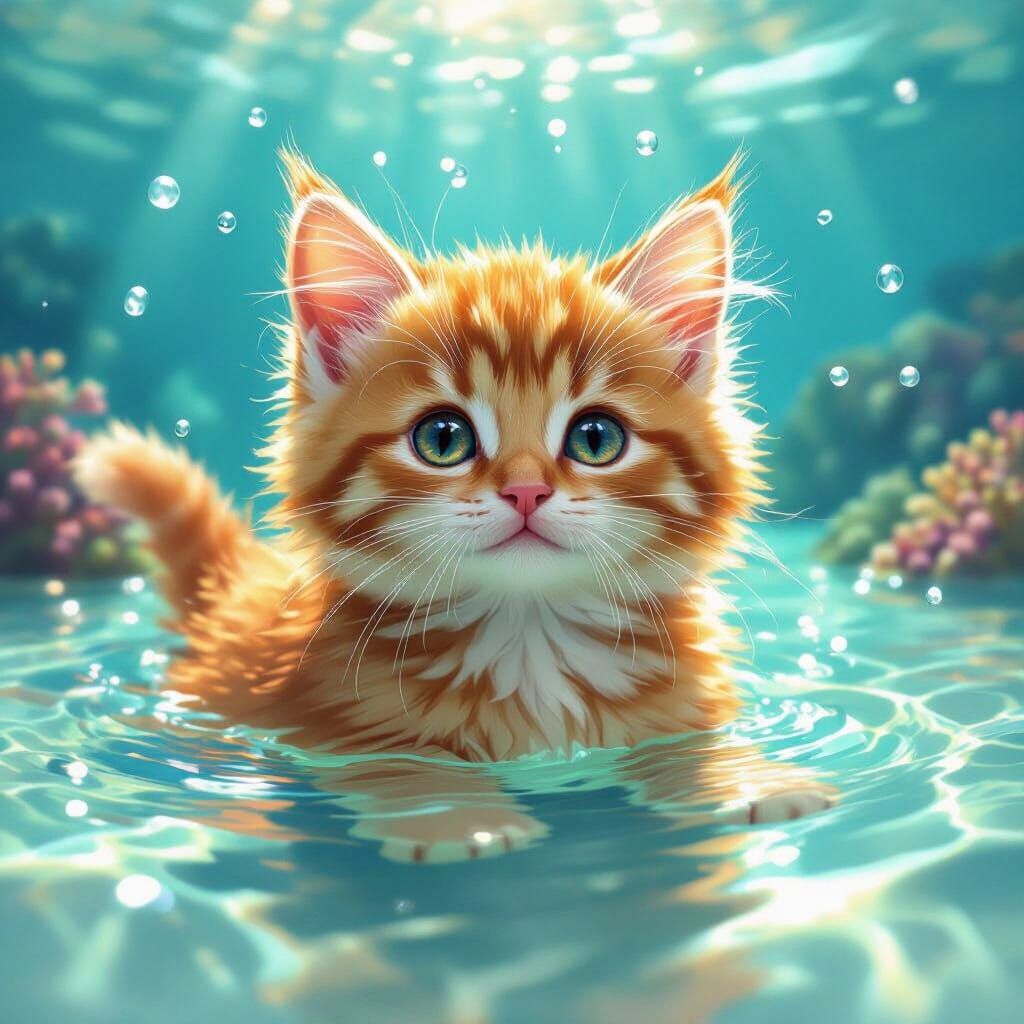 Cute Ginger Kitten in Turquoise Water, Studio Ghibli Style