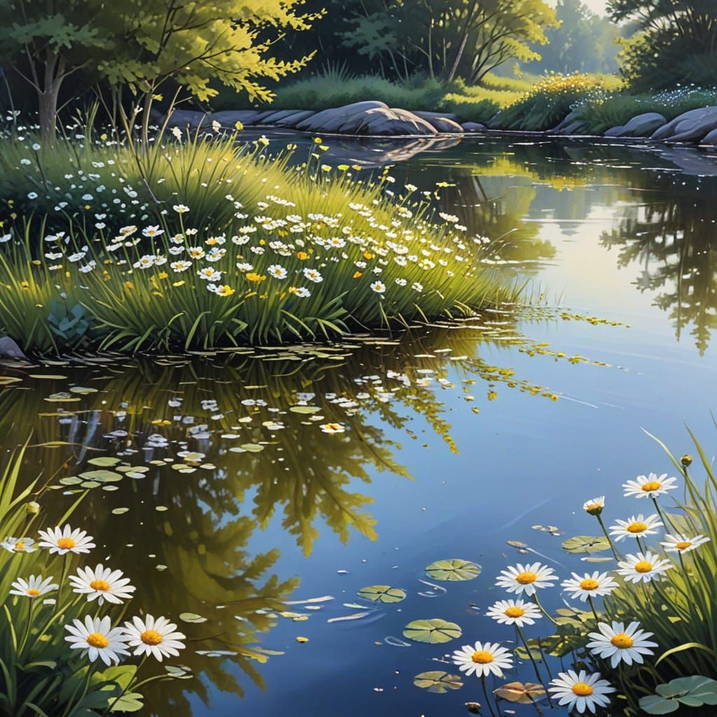 Calm Pond with Daisies: An Oil Painting Masterpiece