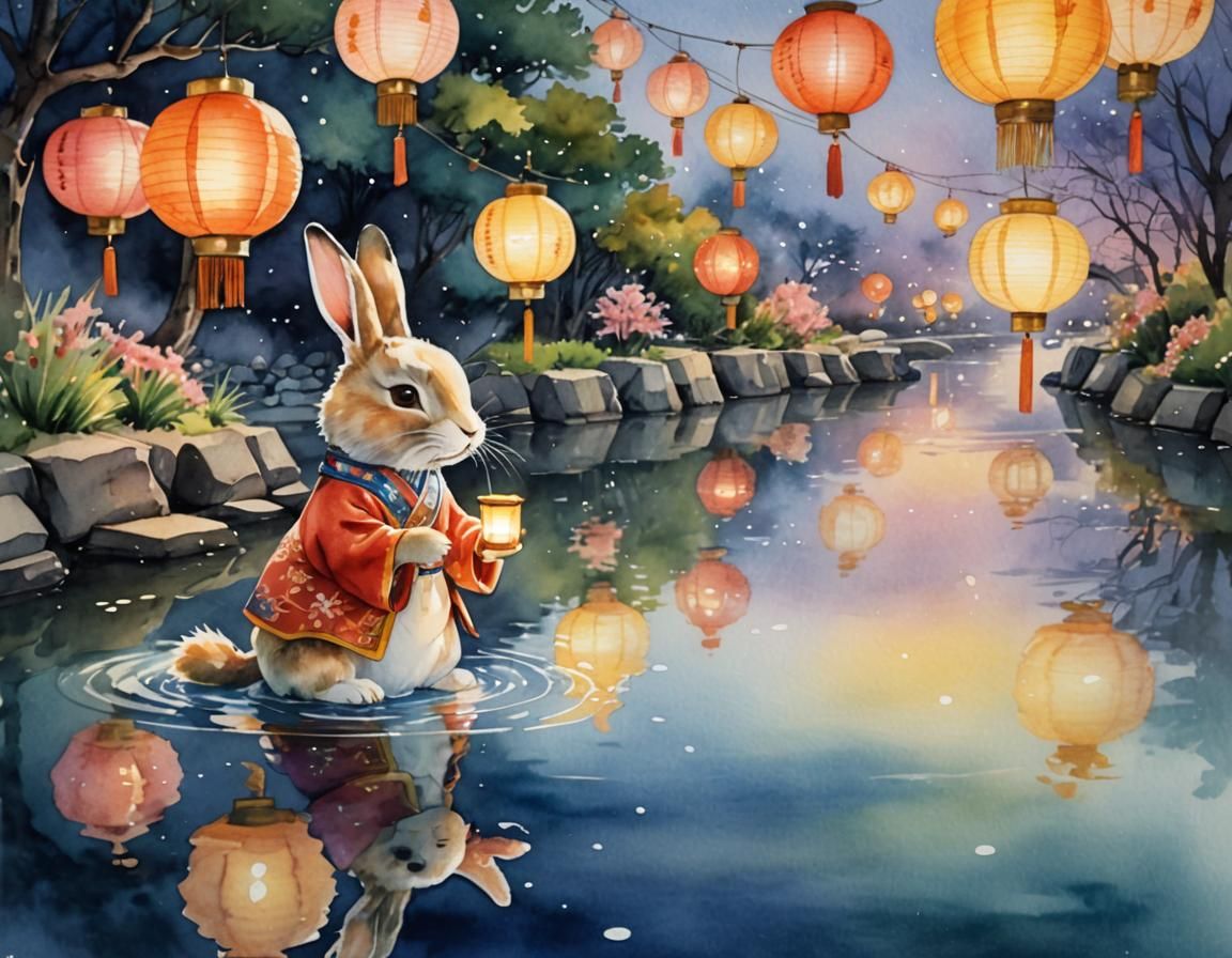 Rabbit Releases Lantern at River Festival in Watercolor