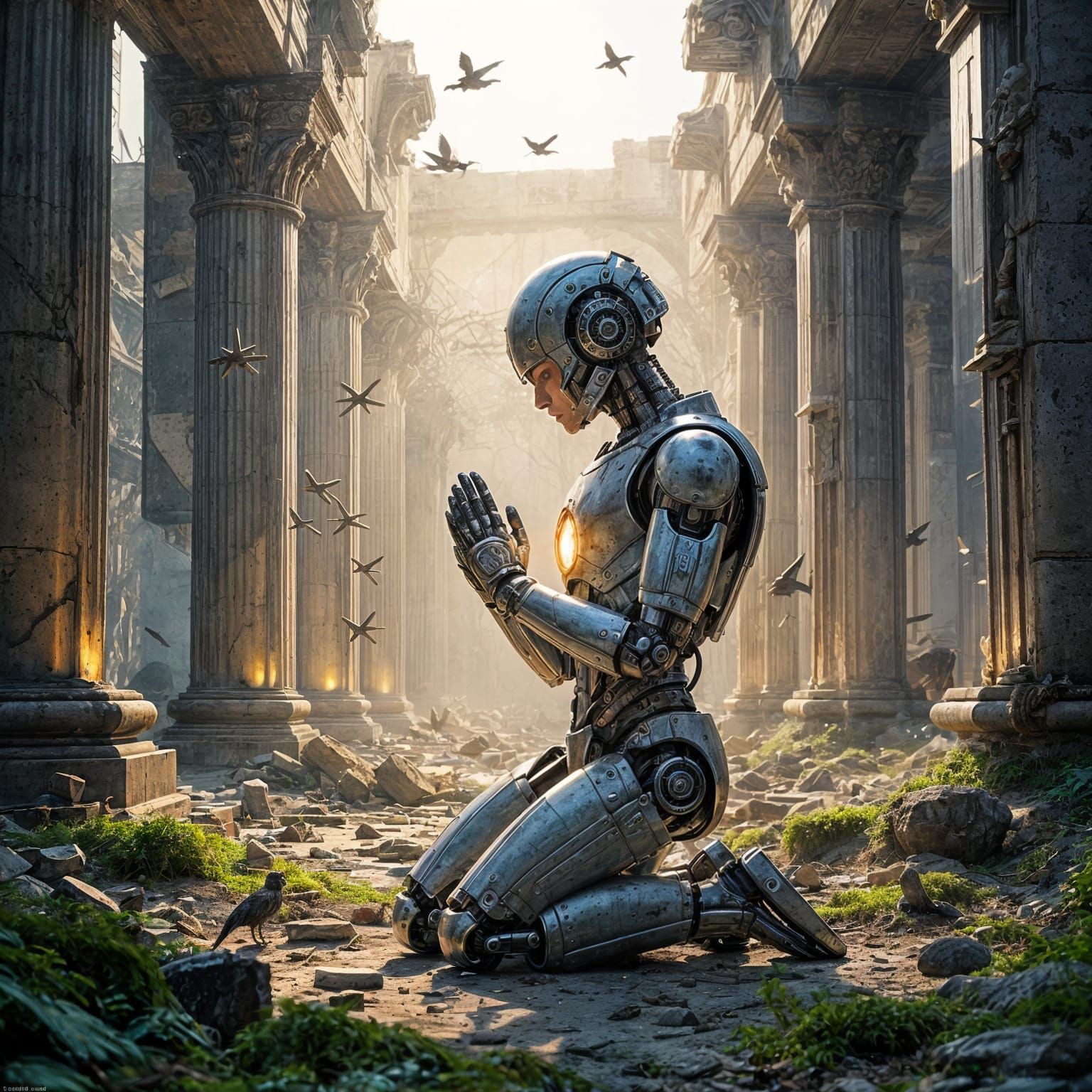 Robot's Prayer in a Ruined Future Temple