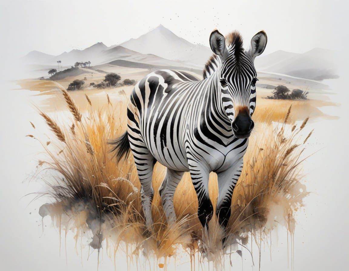 Zebra Grazing in Golden Wheat Fields, Watercolour Style
