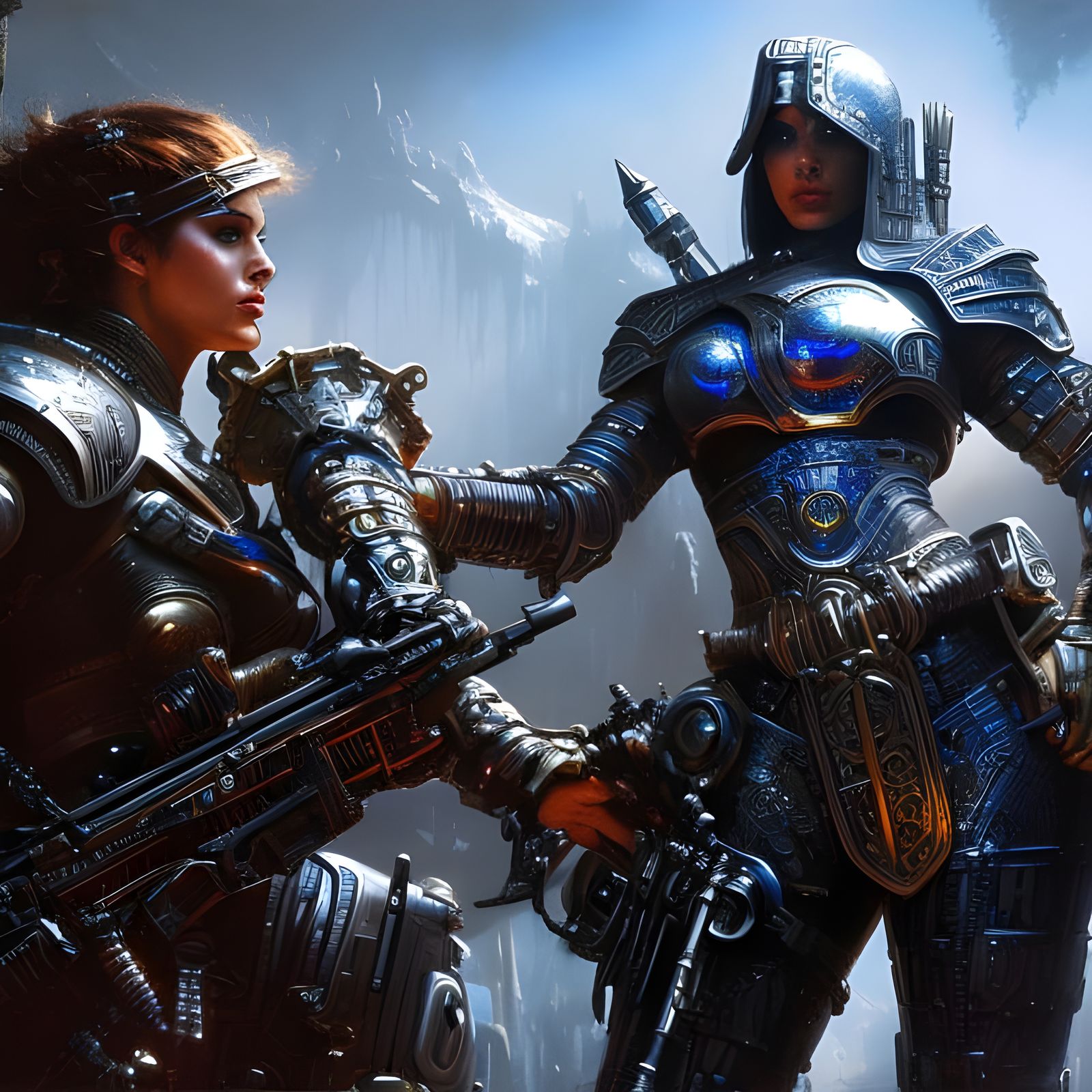 Futuristic Armored Female Warrior in Steel and Chrome