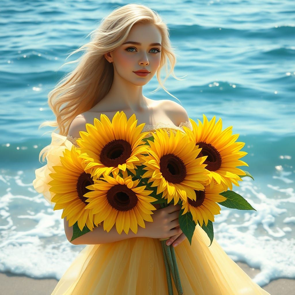 Stunning Blonde Goddess in Whimsical Yellow Gown with Sunflo...