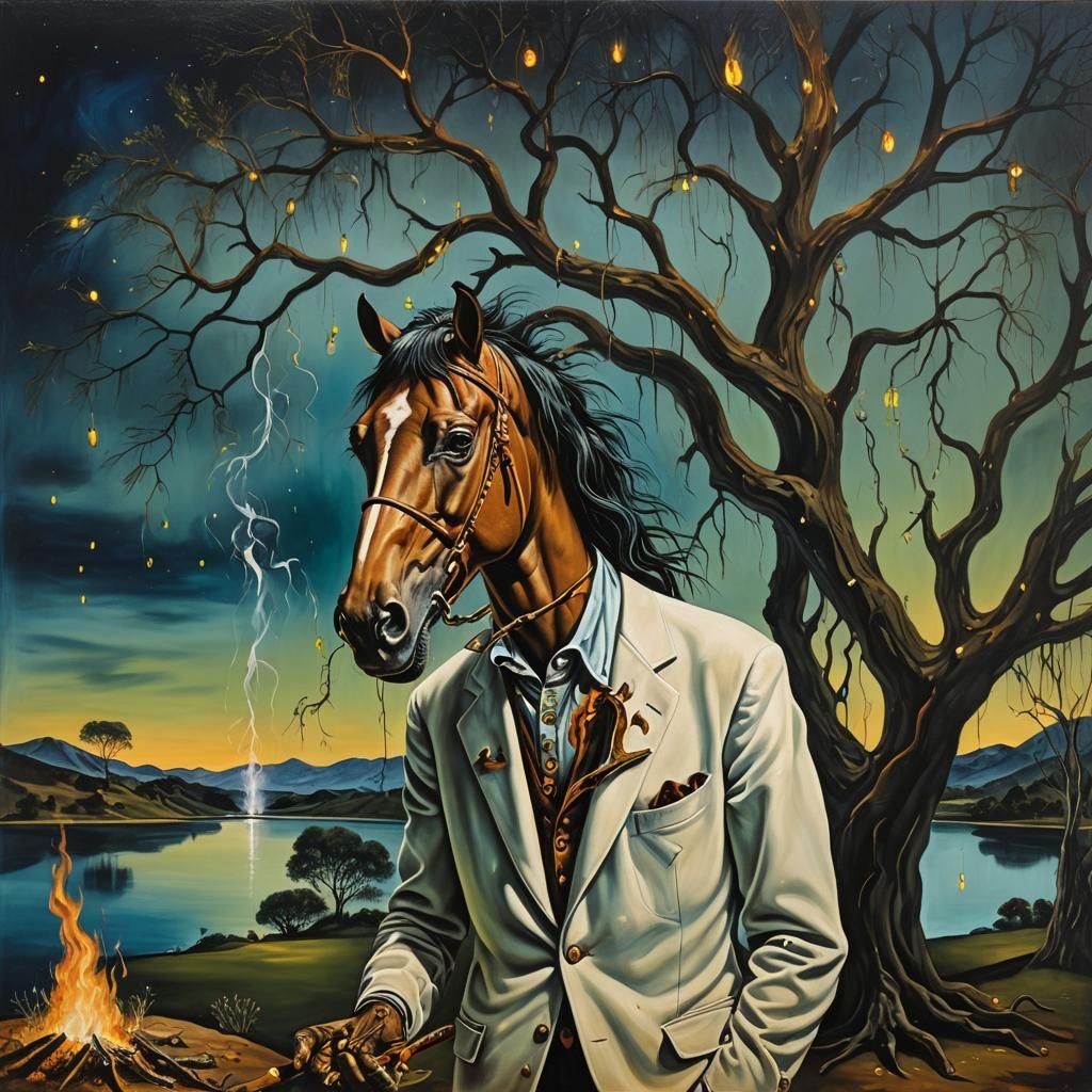 Surreal Horse-Human Hybrid in Dreamlike Landscape