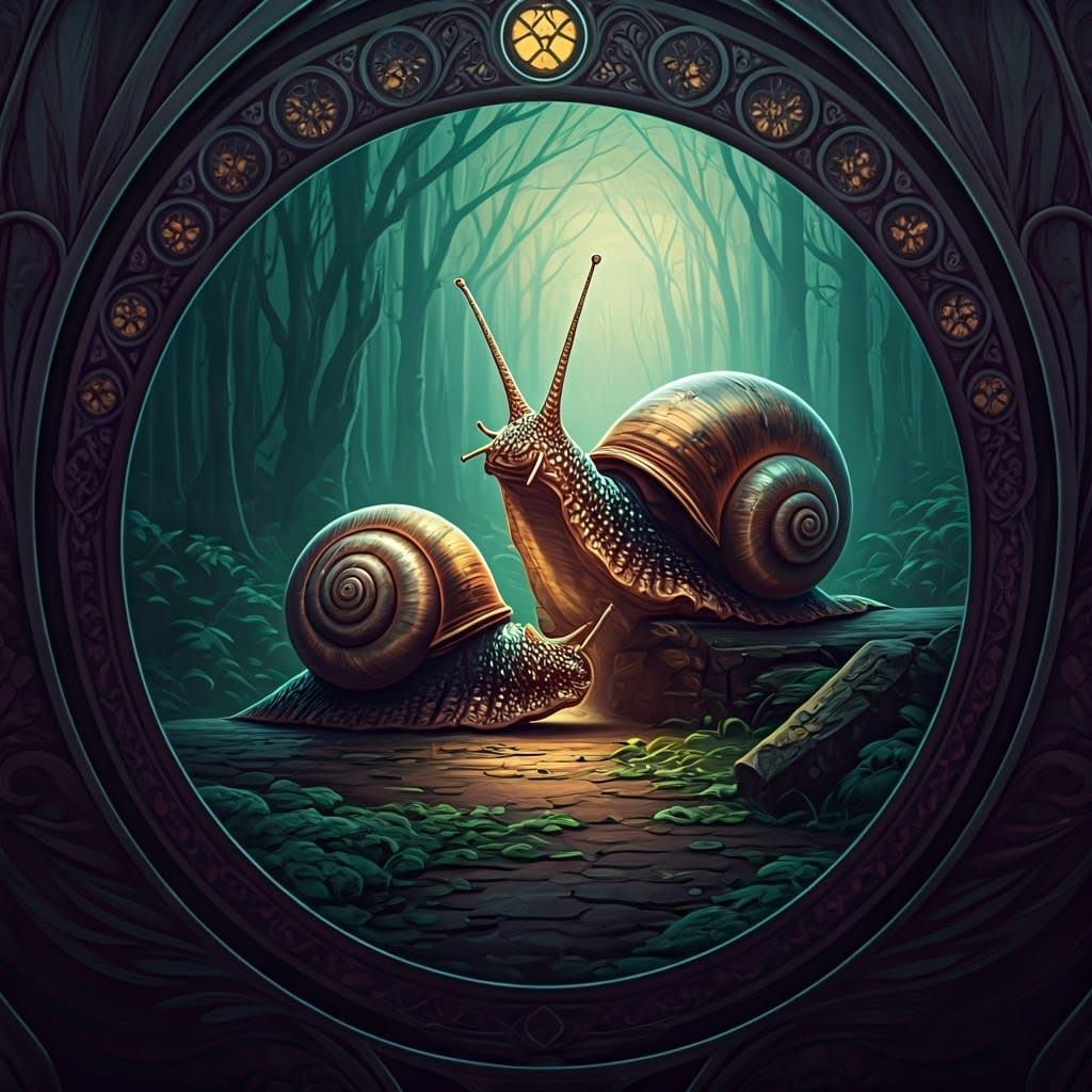 Colossal Snails Devouring a House in Art Nouveau Style