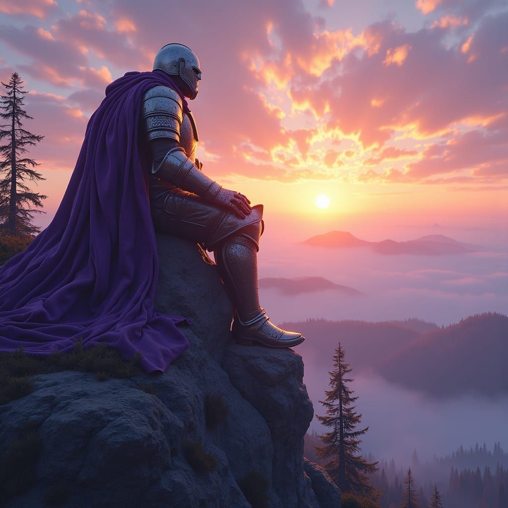 Knight Contemplates Sunrise in Dark Fantasy Landscape