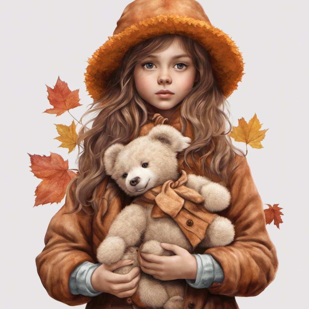 Girl with Teddy Bear in Autumn Clothing