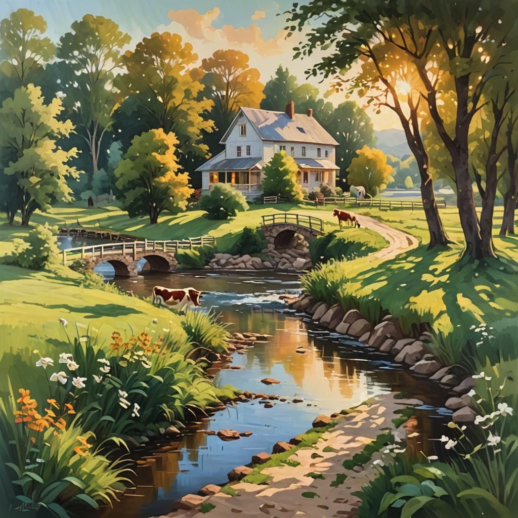 Idyllic Countryside: House by River in Oil Painting