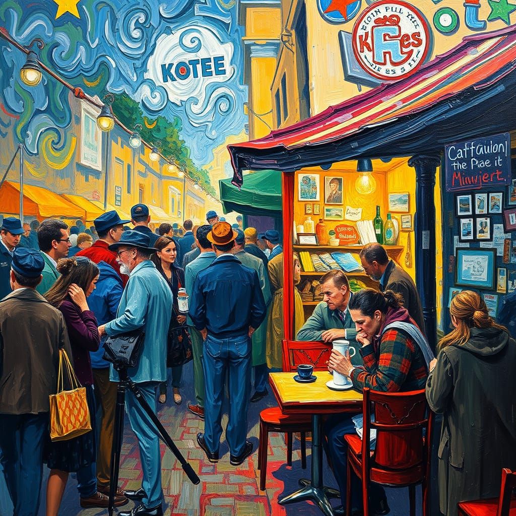Vibrant Post-Impressionist Market Scene with Peaceful Café