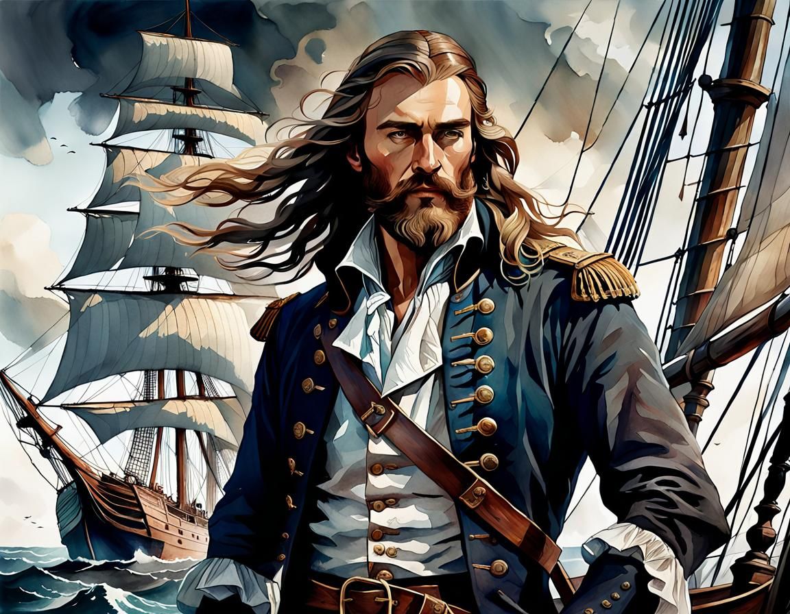 Double Exposure: Man and Ship in Watercolor Style