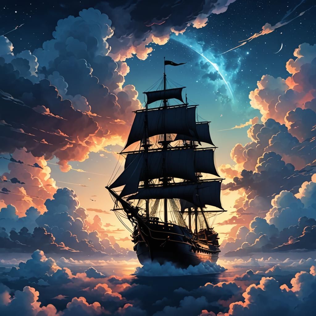 Anime Ship Sailing Silhouetted on Clouds at Night