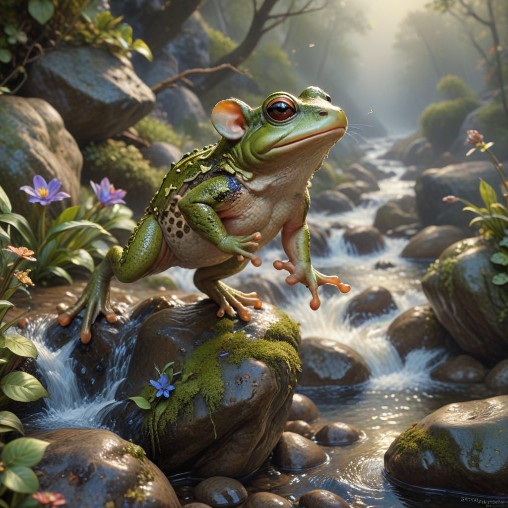 Fantasy Frog Leaping Over Stream with Mouse Companion