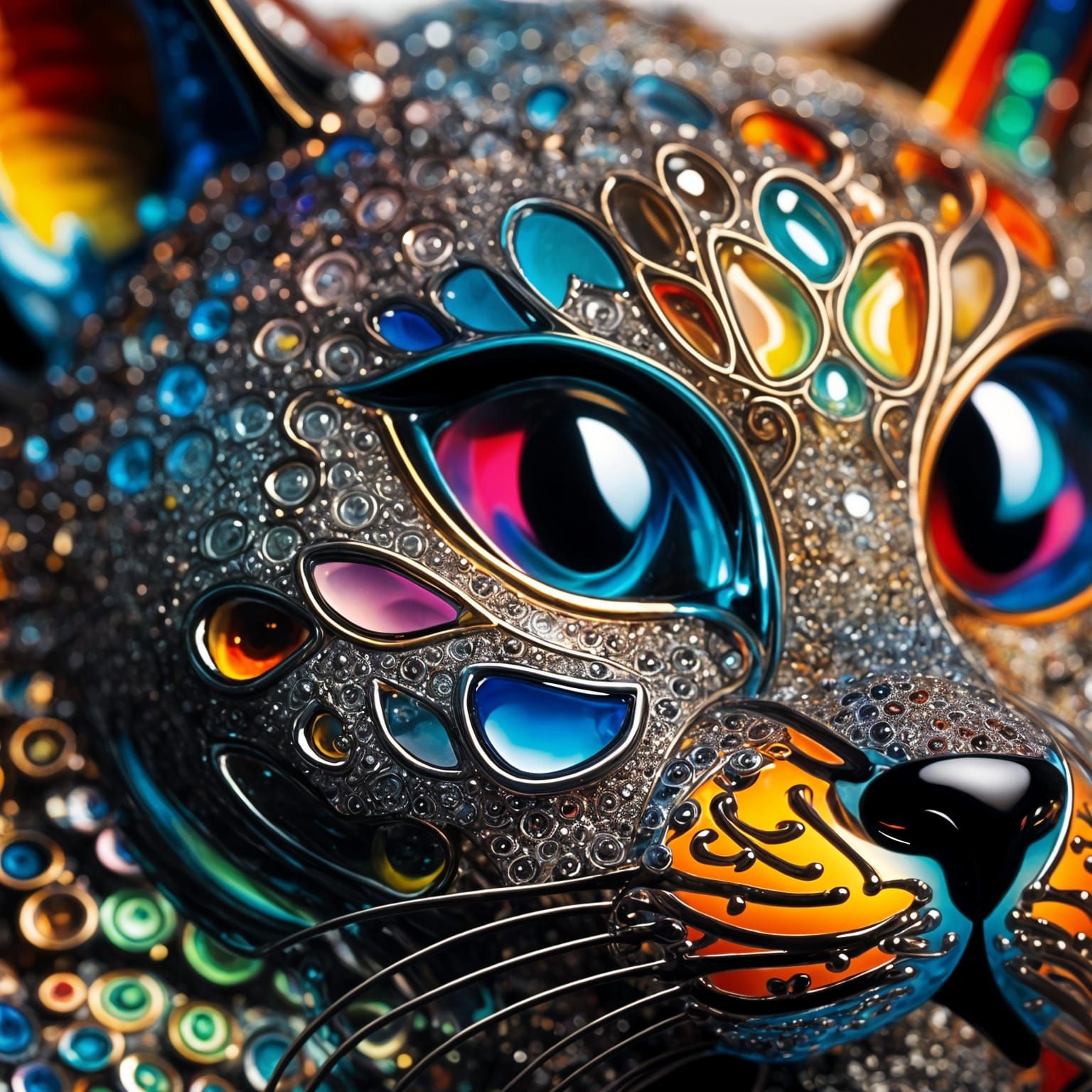 Blown Glass Cat with Abstract Fractal Design