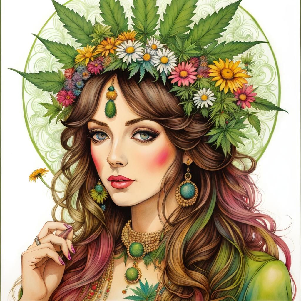 Ganja Queen with Cannabis Crown: Ink Illustration