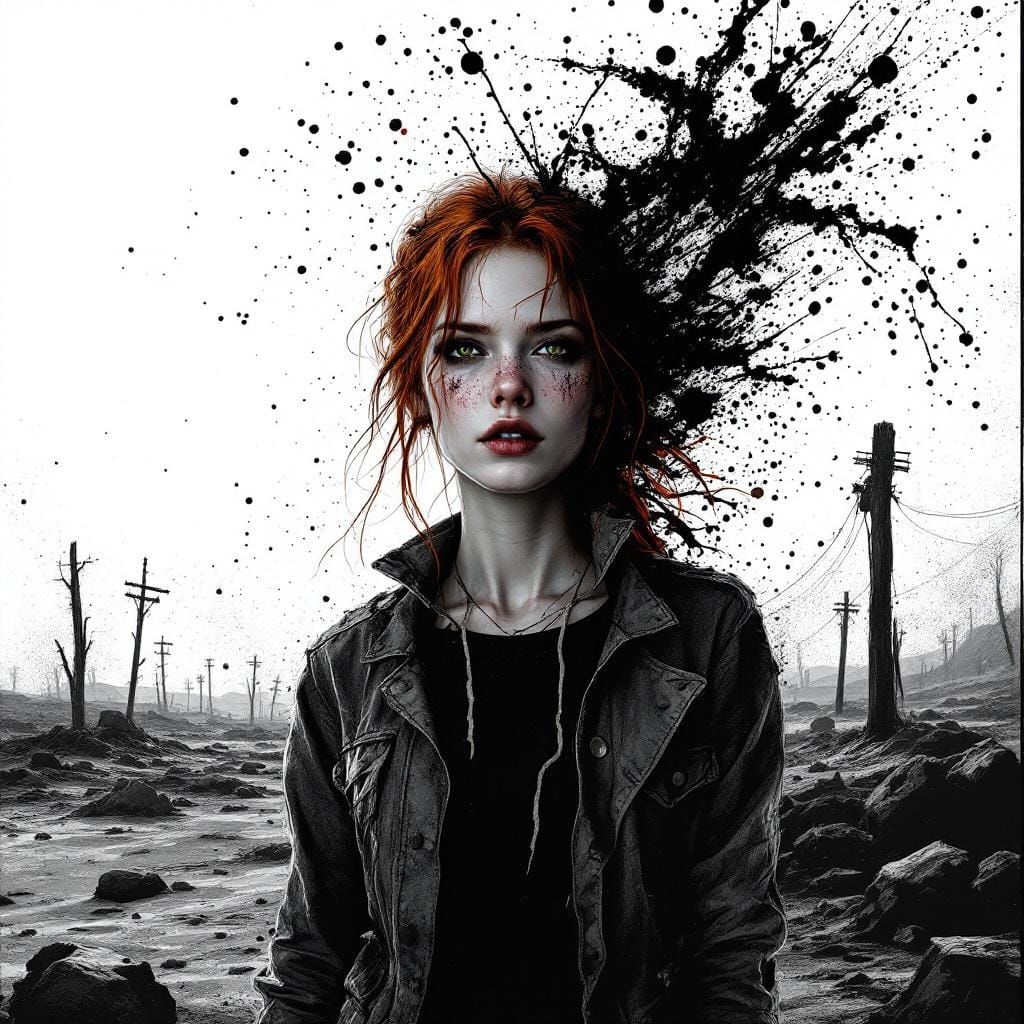 Redhead Woman Portrait with Ink Splatter Halo