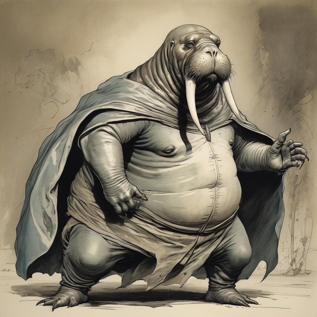 Walrus in Superhero Costume, Inspired by Heinrich Kley