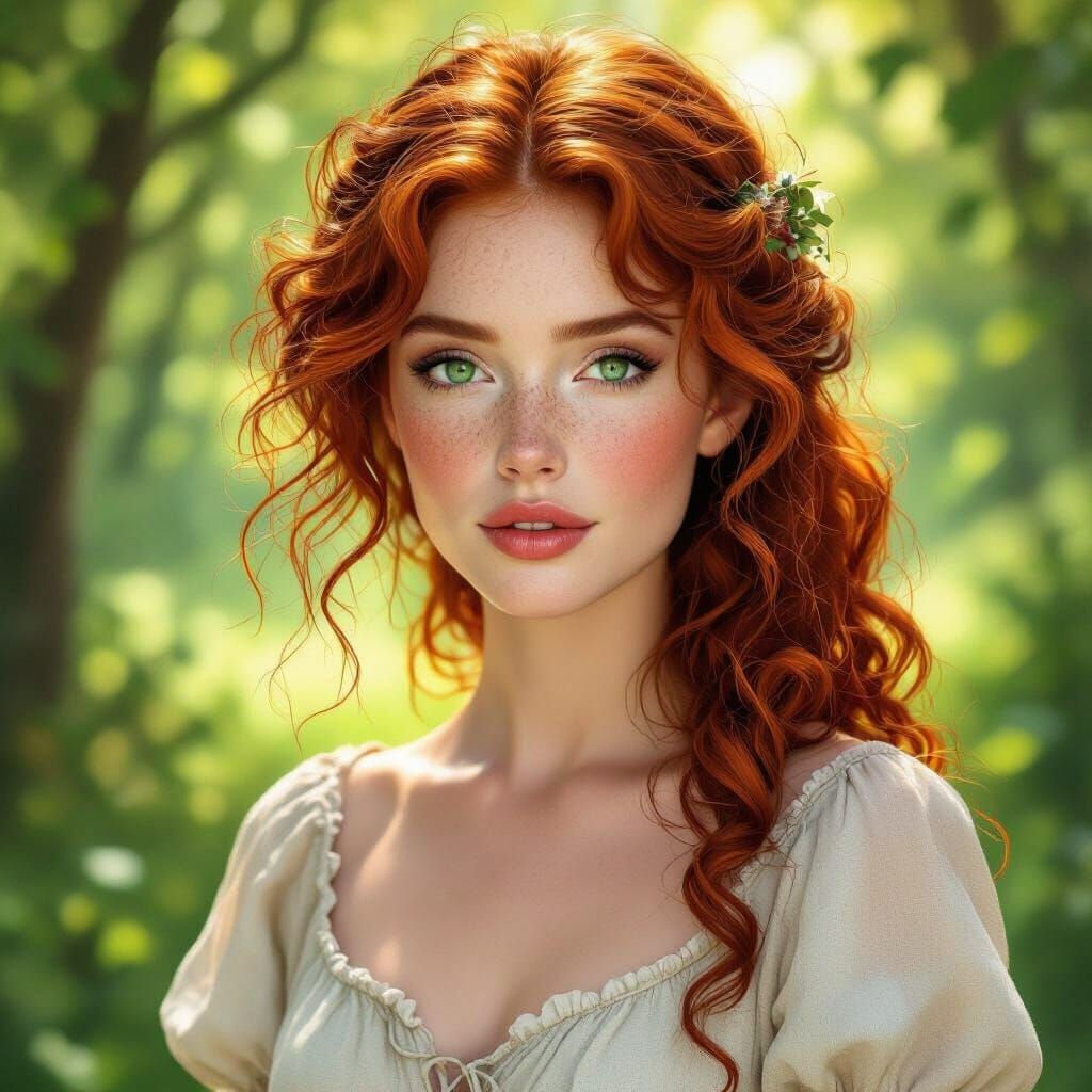 Pre-Raphaelite Portrait of Red-Haired Woman in Forest