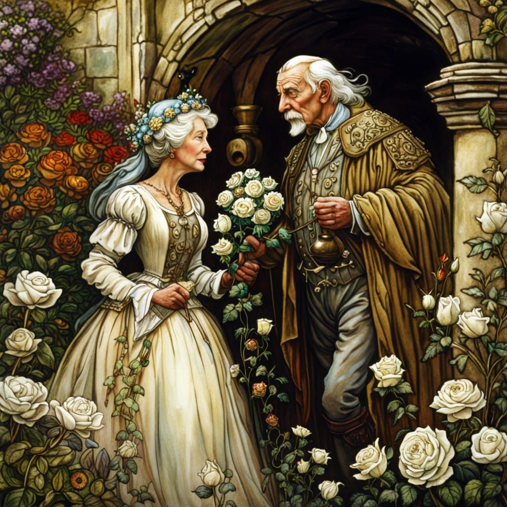 Medieval Couple in Rose Garden, Arthur Rackham Style