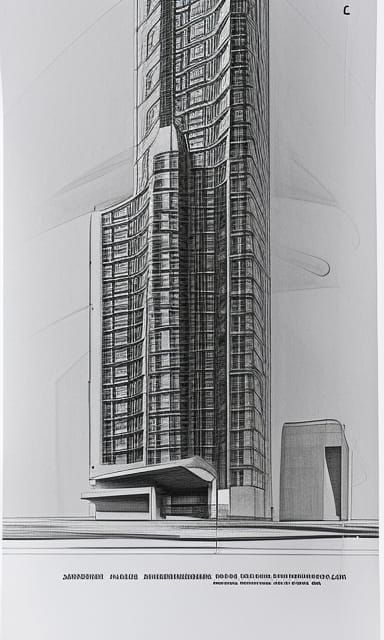 Organic Skyscraper Blueprint in Retro-Futuristic Style