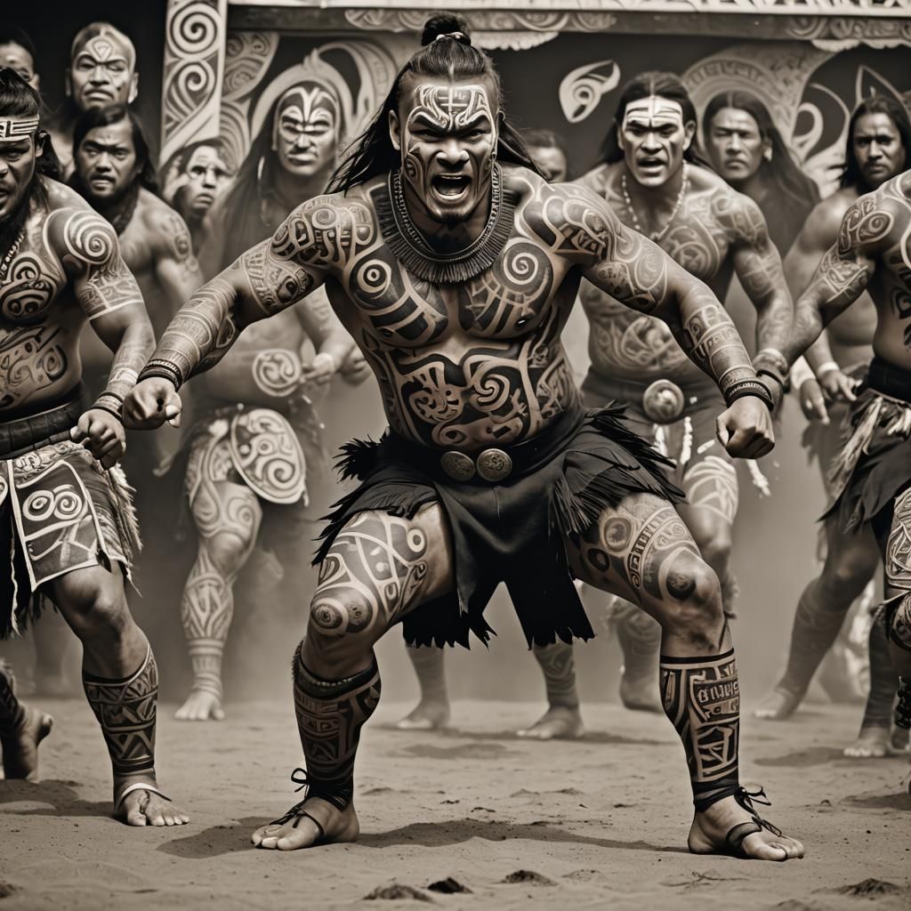 Maori Warrior Performing Haka with Tribal Tattoos