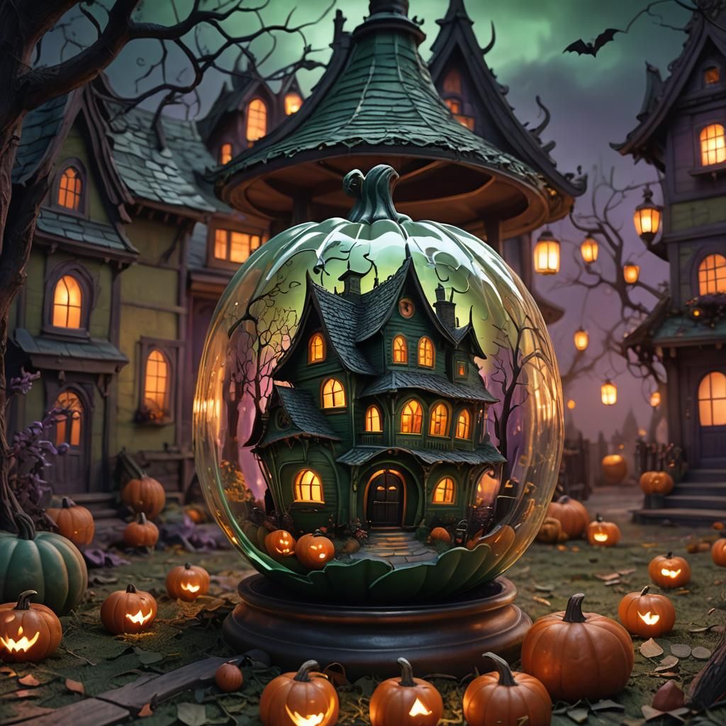 Spooky House Inside Glass Pumpkin, Matte Painting