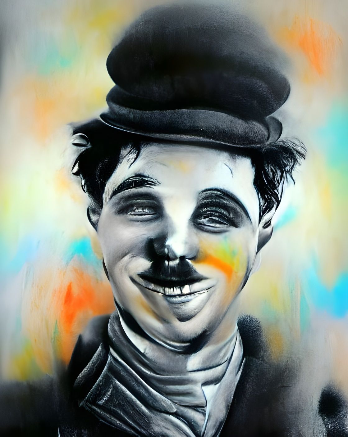 Smiling Charlie Chaplin in Colourful Charcoal Drawing