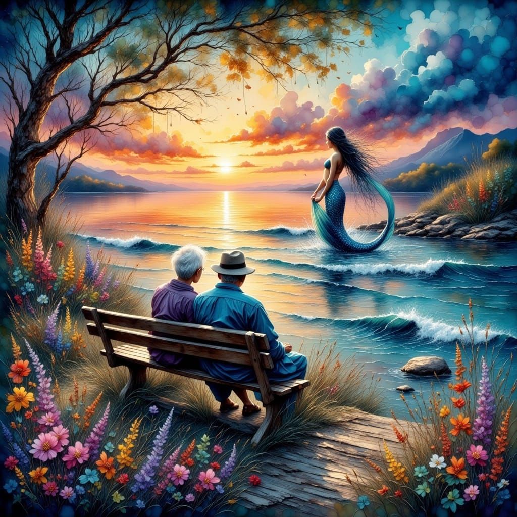 Elderly Couple Watches Mermaid by Colorful Ocean Sunset