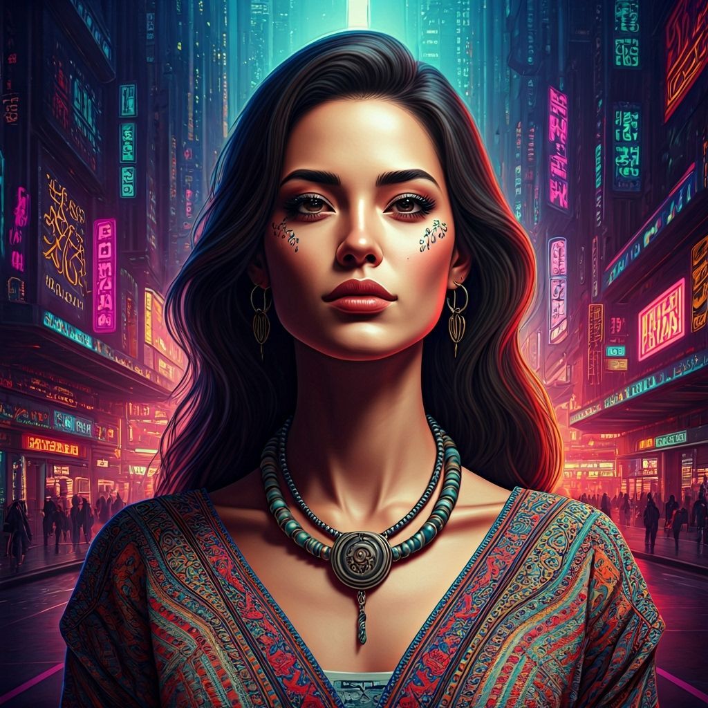 Neon City Reflected in Woman's Eyes, Cyberpunk Style