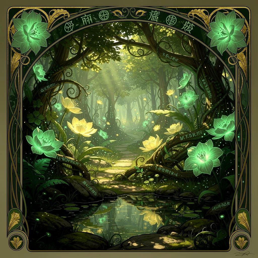 Art Nouveau Garden with Botanical Magic and Fantasy Elements