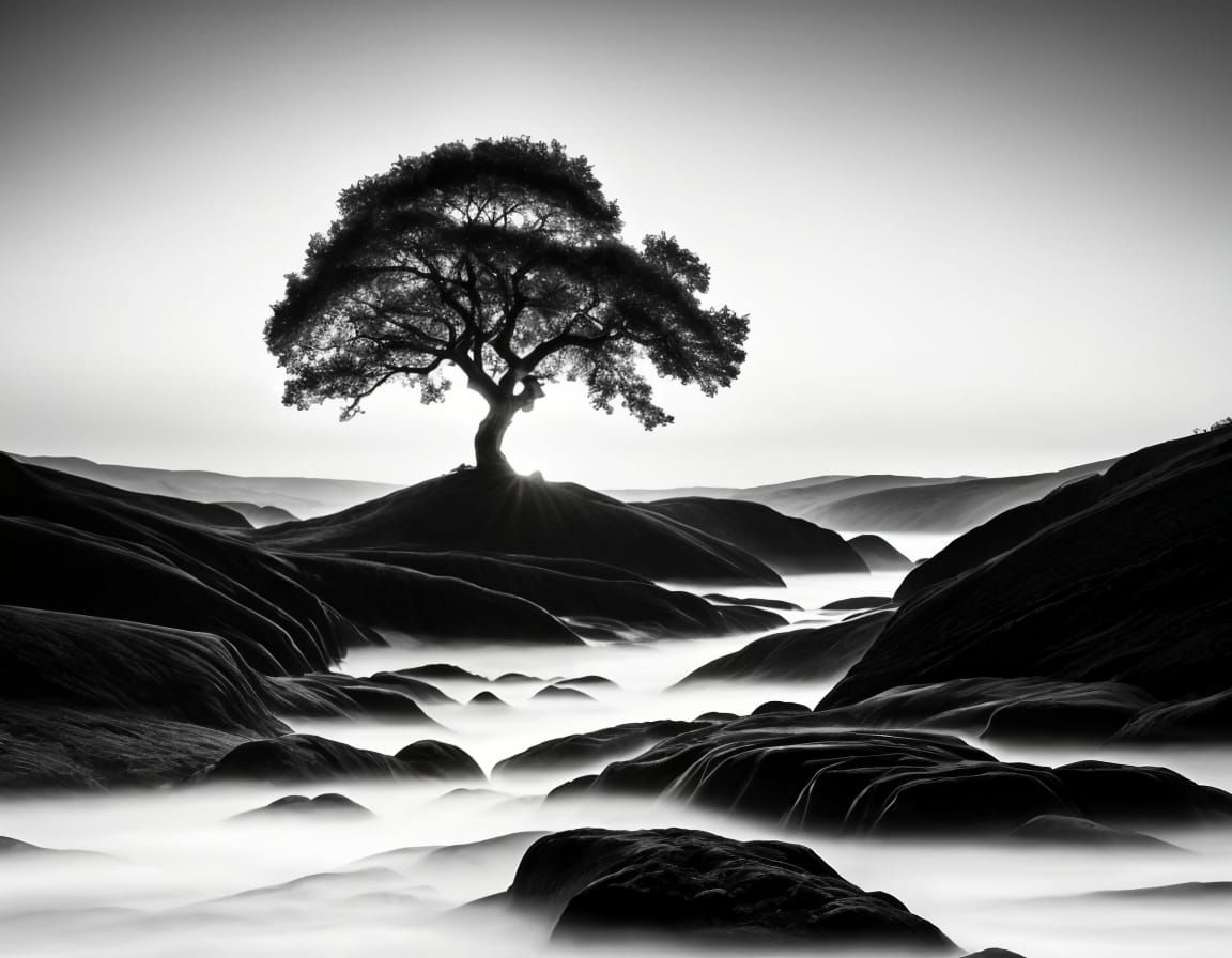 Monochrome Silhouette Landscape in Desert Mist